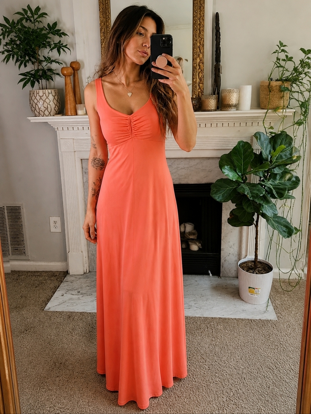 Vintage 70s Coral Maxi Dress Evening Ruched Stretch Party Retro Size Small